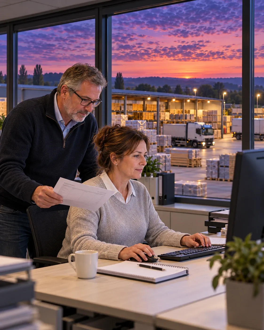 Two colleagues review an order at a computer, with a distribution warehouse and trucks outside at dusk.