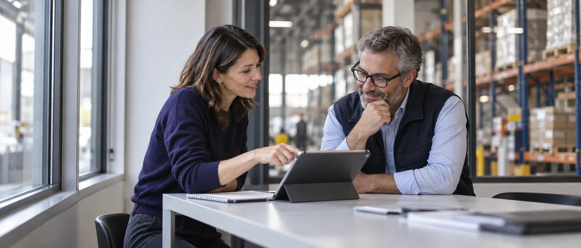 Deux collègues souriants regardent ensemble une tablette autour d’une table, avec des rayonnages d’entrepôt derrière eux